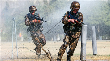 Soldiers breech barbed wire obstacle