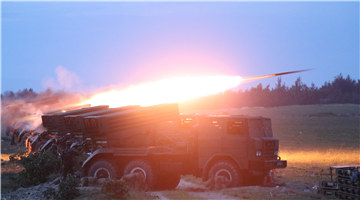 122mm rocket launcher systems fire at mock targets