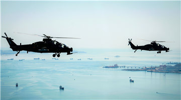 WZ-10 attack helicopters fly over sea area