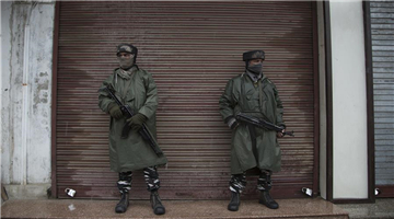 Indian paramilitary soldiers stand guard during security lockdown in Srinagar