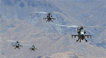Attack helicopters fly over Kunlun Mountains