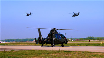 Attack helicopters sit on parking apron