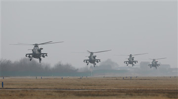 Attack helicopters hover off in flight training